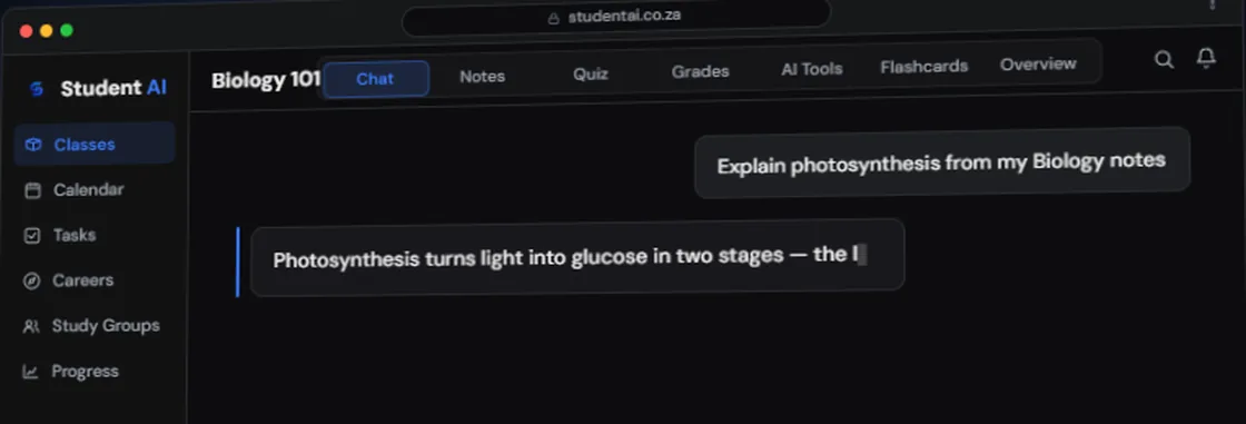The AI tutor answering the question "Explain photosynthesis from my Biology notes" using the student's own uploaded material.