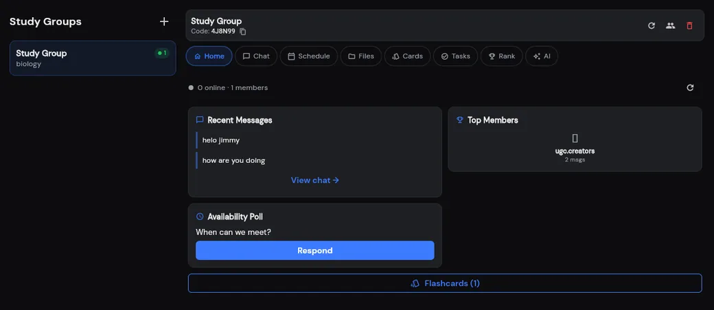 A study group workspace with tabs for chat, schedule, files, cards, tasks and rank, plus an availability poll and shared flashcards.